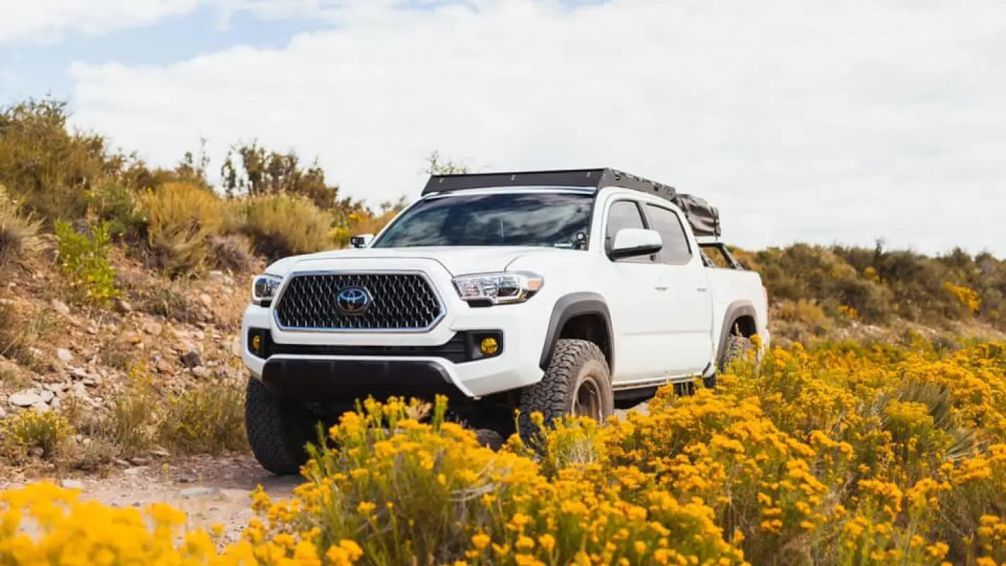 Front view of a white Toyota Tacoma with the Grand Teton roof rack, driving through a scenic trail surrounded by yellow wildflowers.