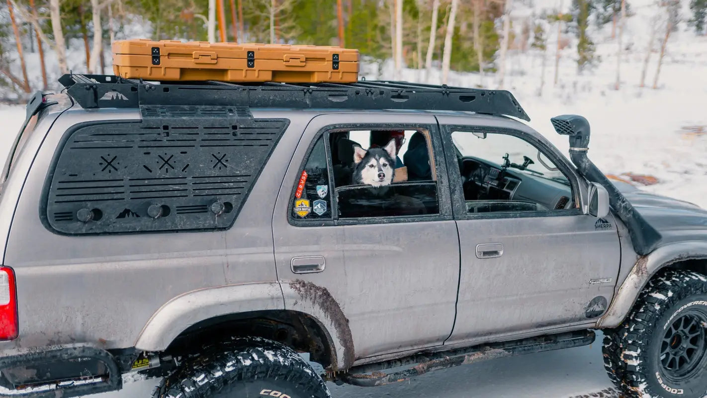 Toyota 4Runner with Matterhorn roof rack and cargo box, featuring a dog in the rear window, driving in snowy terrain.