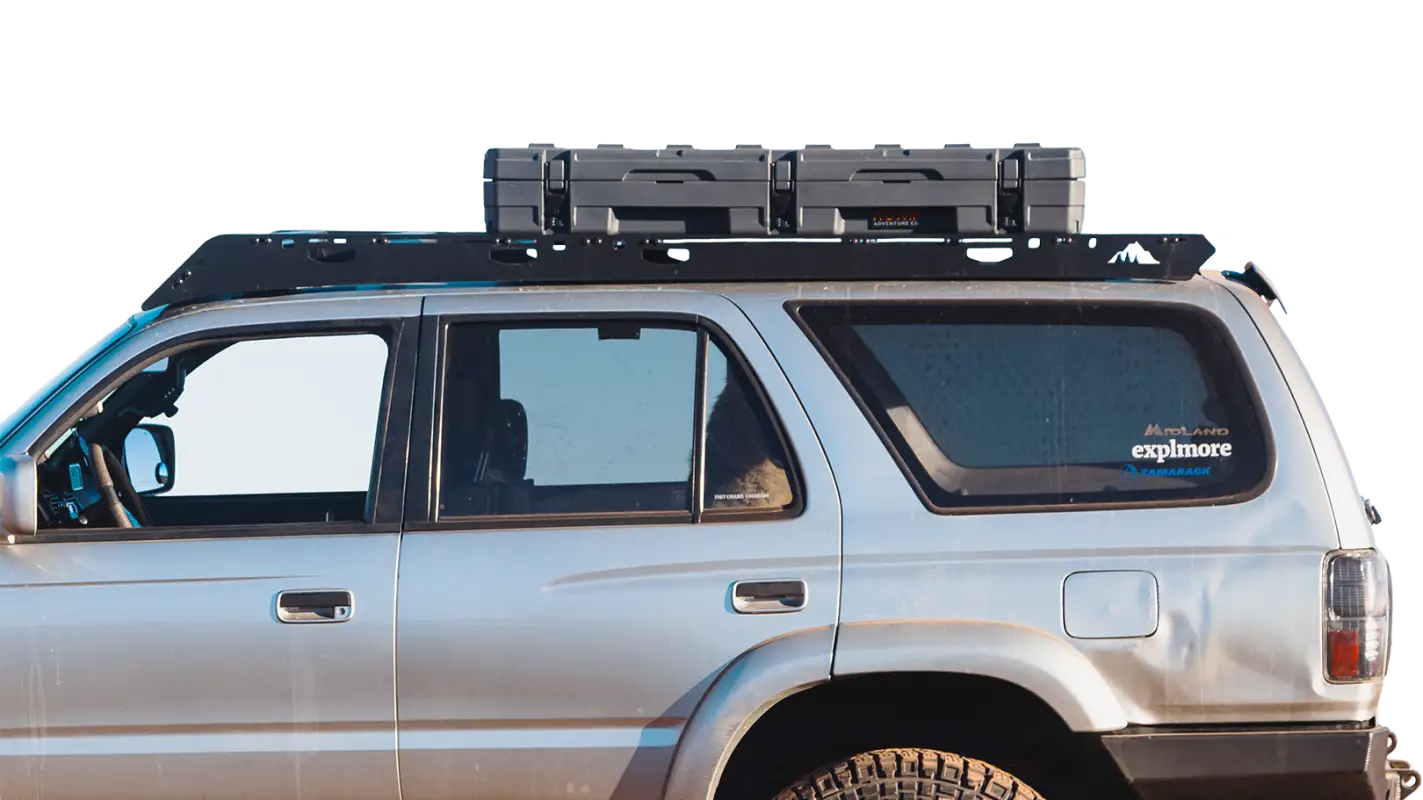 Close-up of Matterhorn roof rack on a 3rd Gen Toyota 4Runner, showcasing drill-free installation and cargo box compatibility.