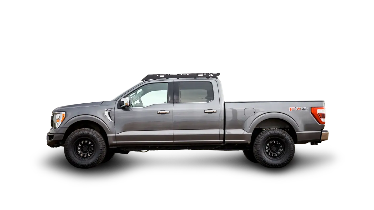 Side view of a 2021-2024 Ford F150 with a full-length aluminum roof rack installed, designed for secure cargo carrying.