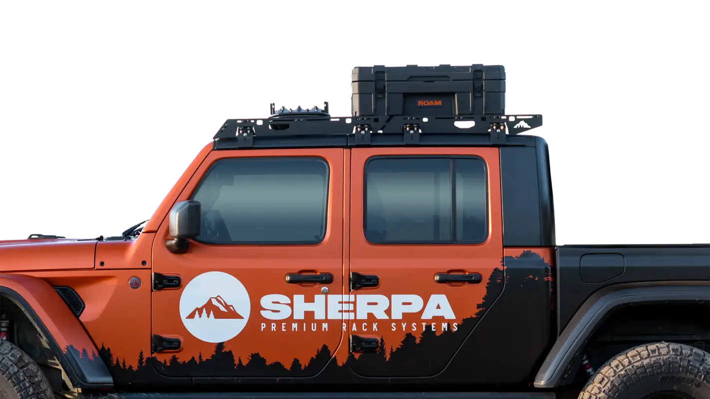 Close-up side view of Jeep Gladiator JT equipped with The Sunlight roof rack system, showcasing its drill-free installation and rugged design.
