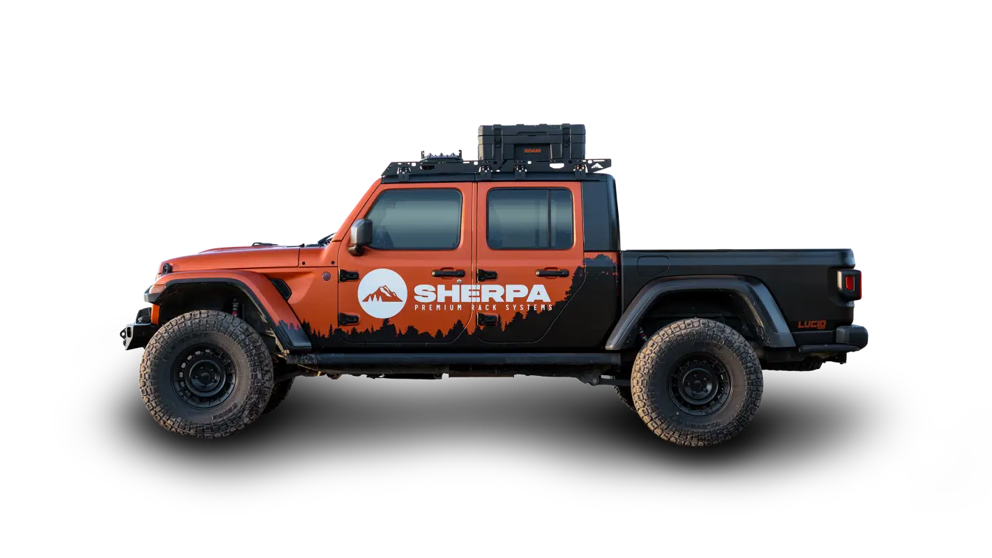 Jeep Gladiator JT with The Sunlight modular roof rack by Sherpa Equipment Co. featuring durable aluminum panels and crossbars.