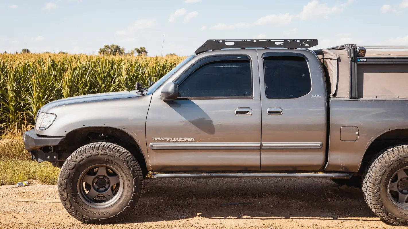 Side view of Toyota Tundra Access Cab with Ursa Minor roof rack, ideal for adventure gear and rugged outdoor use.