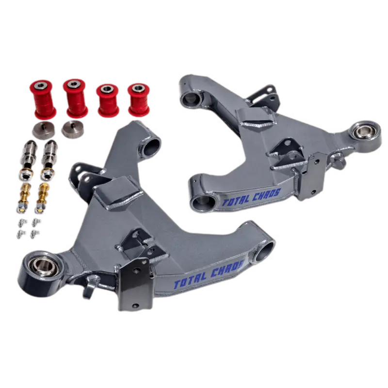 Total Chaos KDSS lower control arms for 4Runner and GX460 (2010-2023) with dual shock compatibility, rebuildable design, and red bushings.
