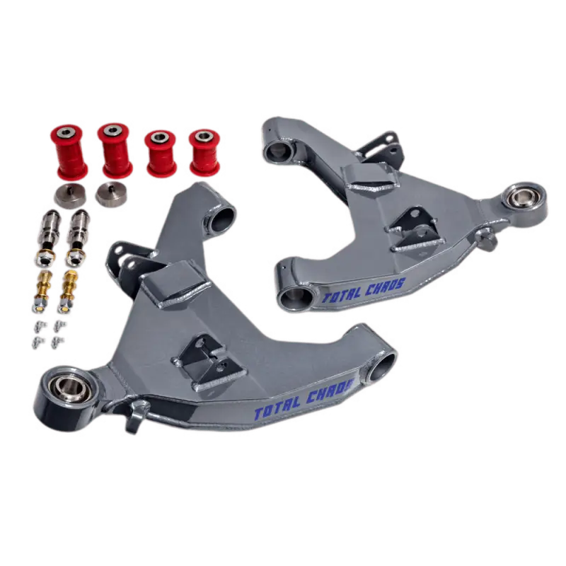 Total Chaos Expedition stock length lower control arms with dual shock capacity for FJ Cruiser (07-09) and GX470 (03-09). Lightweight, rebuildable design with red bushings and hardware included.