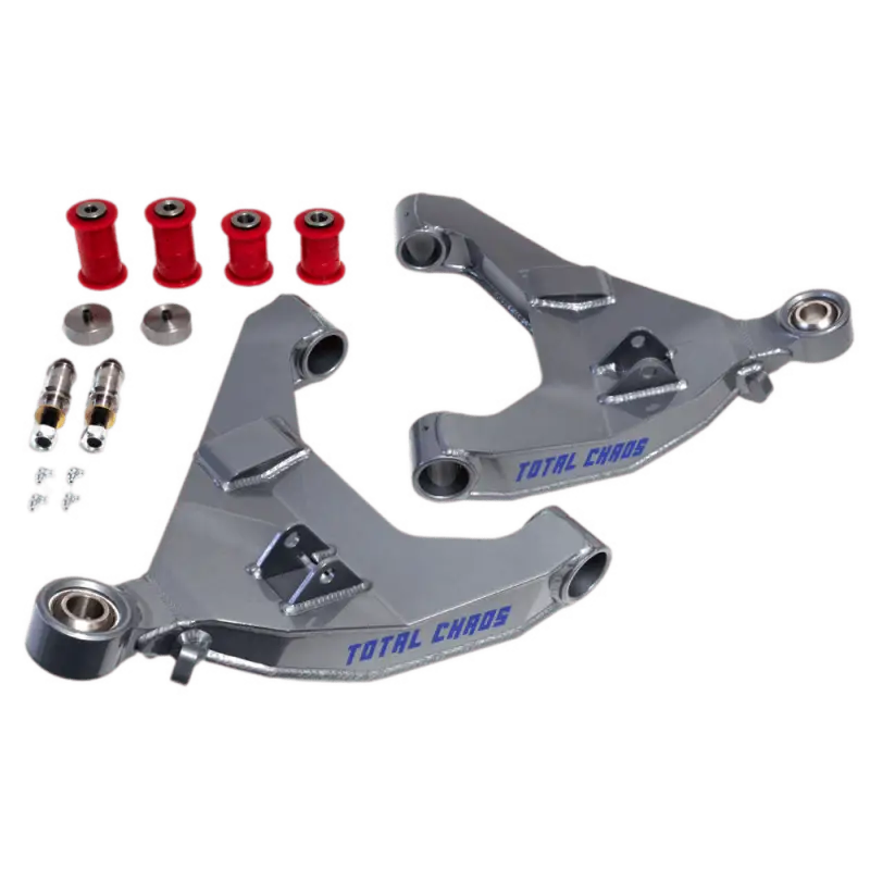 Total Chaos Expedition stock length lower control arms for 2005-2015 Toyota Tacoma. CNC machined, bolt-on design with red bushings and hardware.
