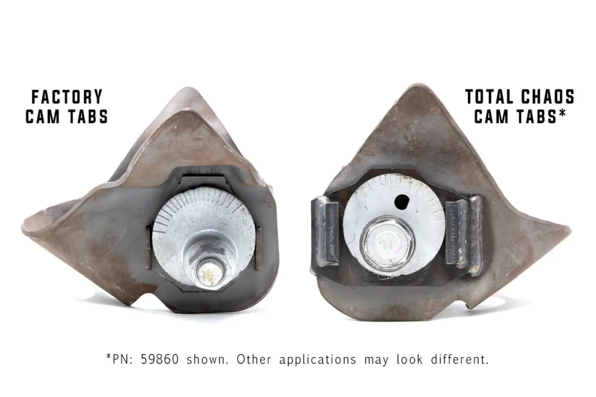 Comparison of factory cam tabs and Total Chaos cam tab gussets, showcasing reinforced design for improved alignment stability.
