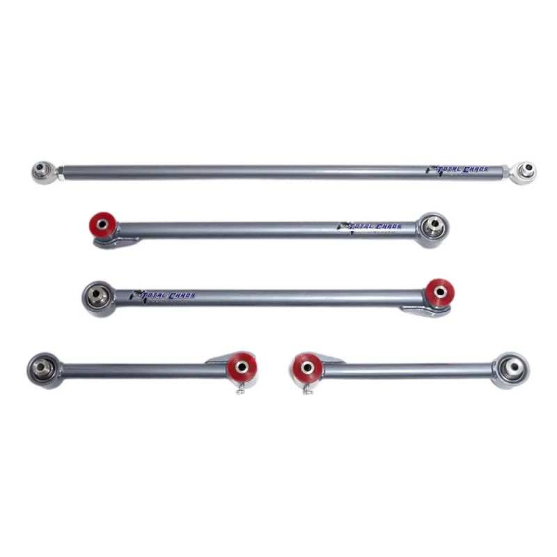 Total Chaos rear links for Tundra, Sequoia, and Tacoma models, featuring durable chromoly tubing, stainless uniballs, and urethane bushings.