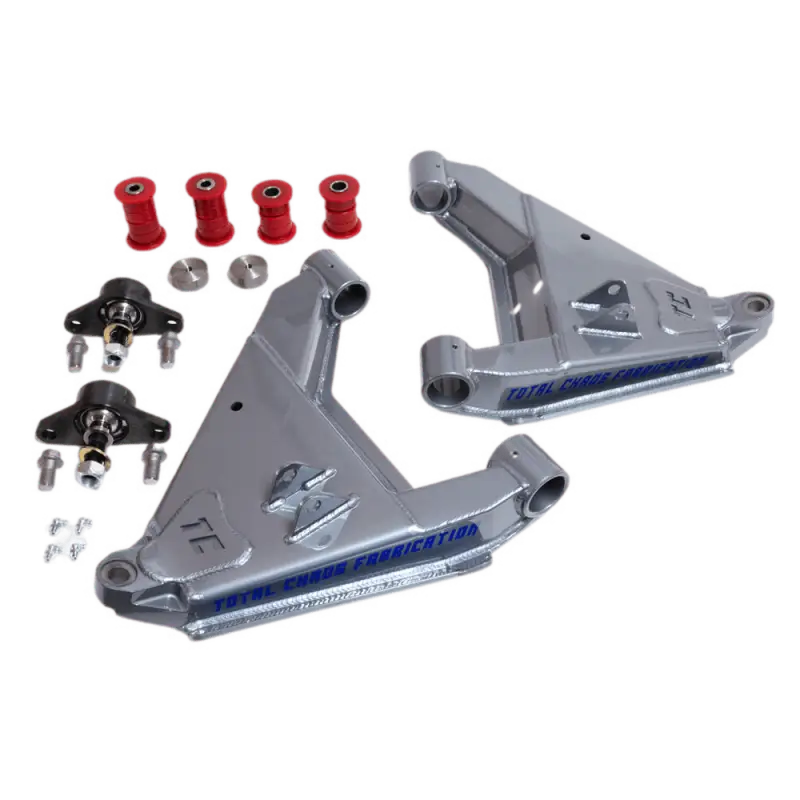 Total Chaos lower control arms for Toyota and Lexus vehicles, featuring CNC-cut design, uniball adapters, urethane bushings, and rock protection.