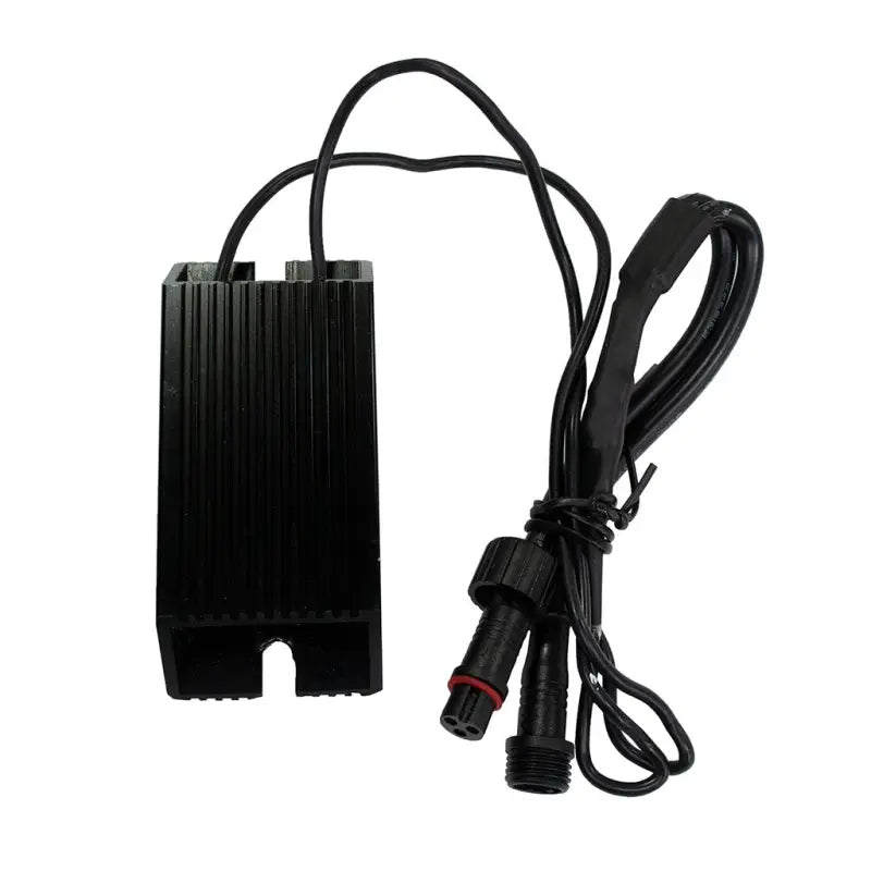 Total Tail Load Resistors for vehicle tail lights, 10 Ohm 25W, black aluminum housing with adhesive mount and wiring connectors.