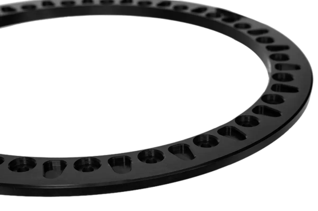 Close-up of black True Beadlock Ring for Hybrid Wheels V2, showcasing CNC laser-cut tolerance and robust design for off-road use.