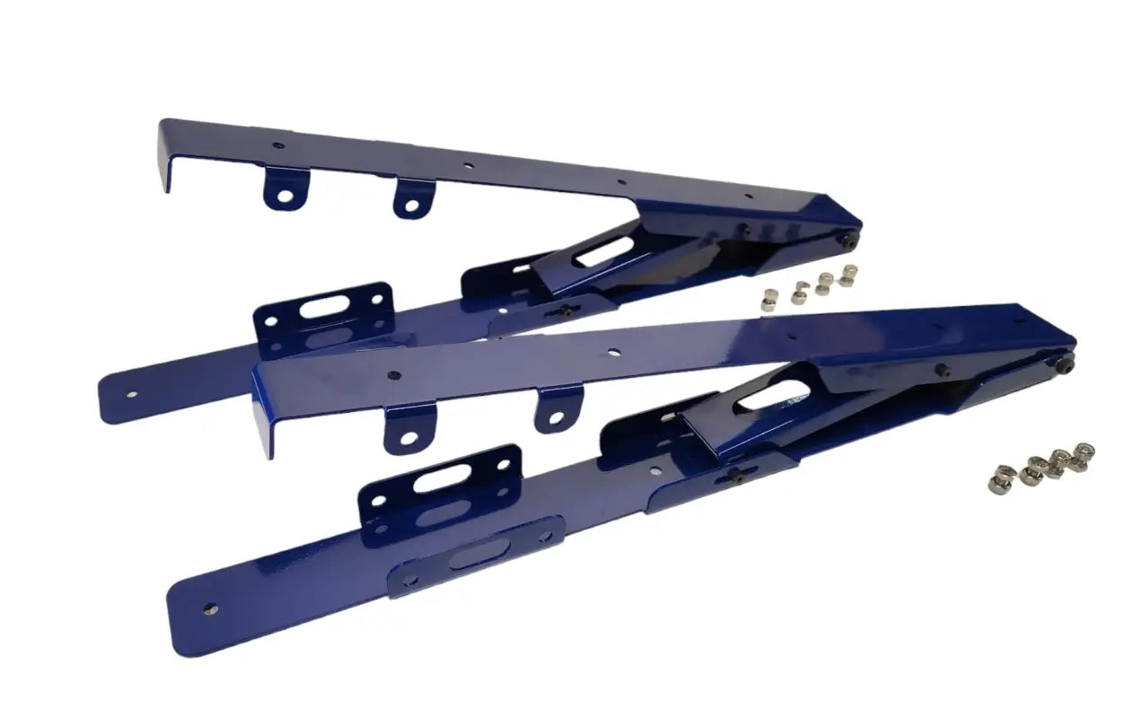 Steel Universal Tilt Slide Adapter components with a durable blue finish, designed for fridge slide conversion and camping setups.