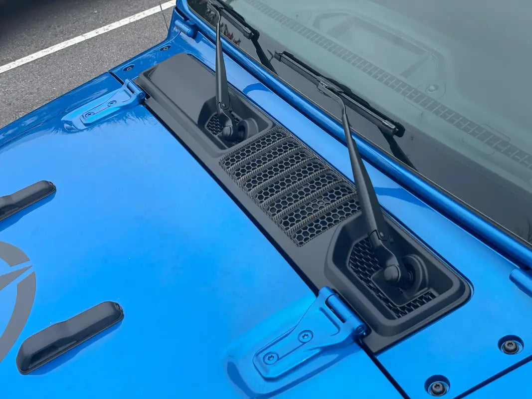 Blue Jeep hood with black accents cowl center vent overlay for 2019-2024 Jeep Gladiator