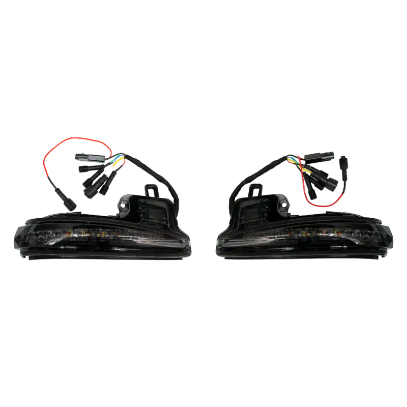 Pair of V5 Switchback Signals for 16-23 Tacoma with wiring harness, featuring a black housing and compact design.