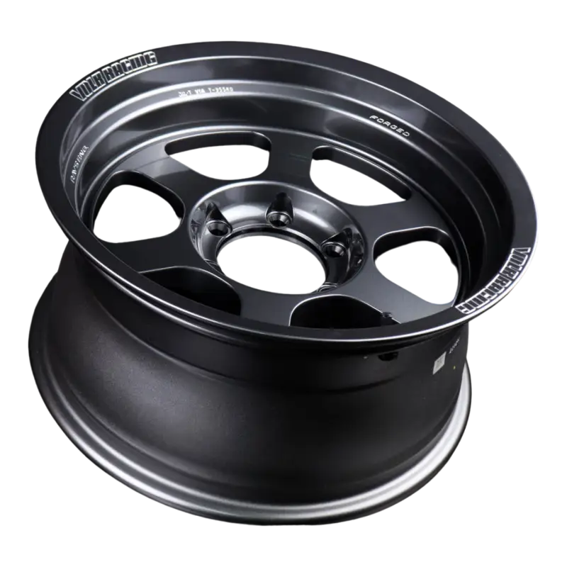 Side angle of Volk Racing TE37XT M-Spec wheel in dark gunmetal, showcasing its 17x8.5 dimensions, 6x139 bolt pattern, and rugged forged construction.