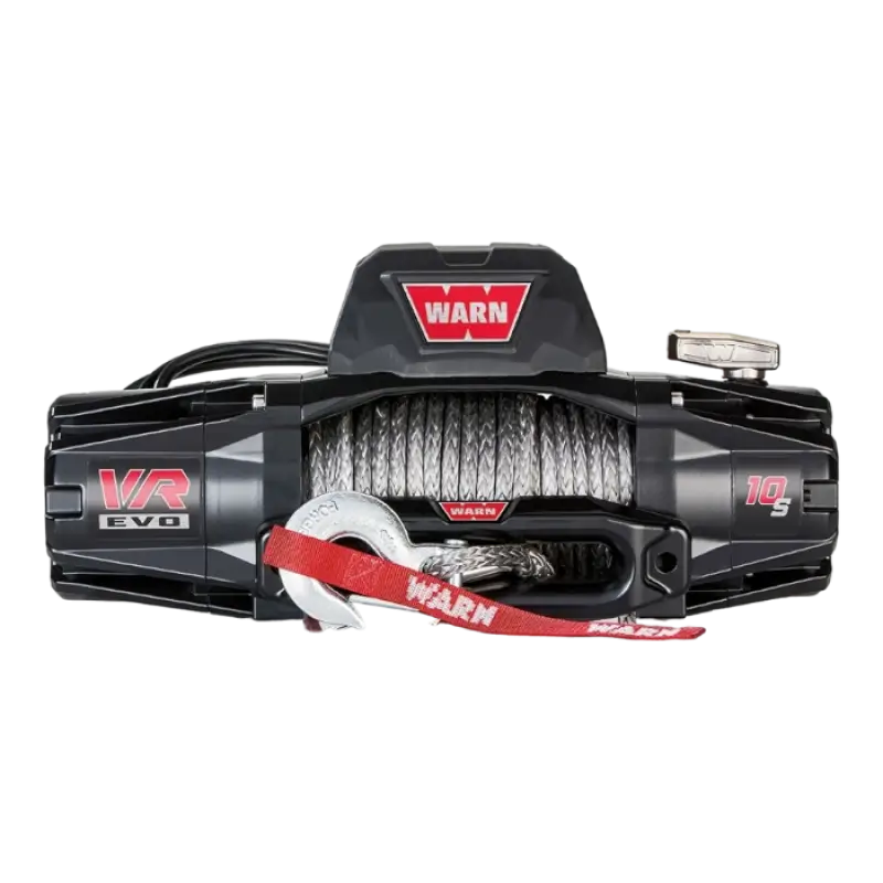 WARN VR EVO 10-S winch with 10,000 lbs capacity, synthetic rope, and waterproof design. Features relocatable control pack and red WARN hook.