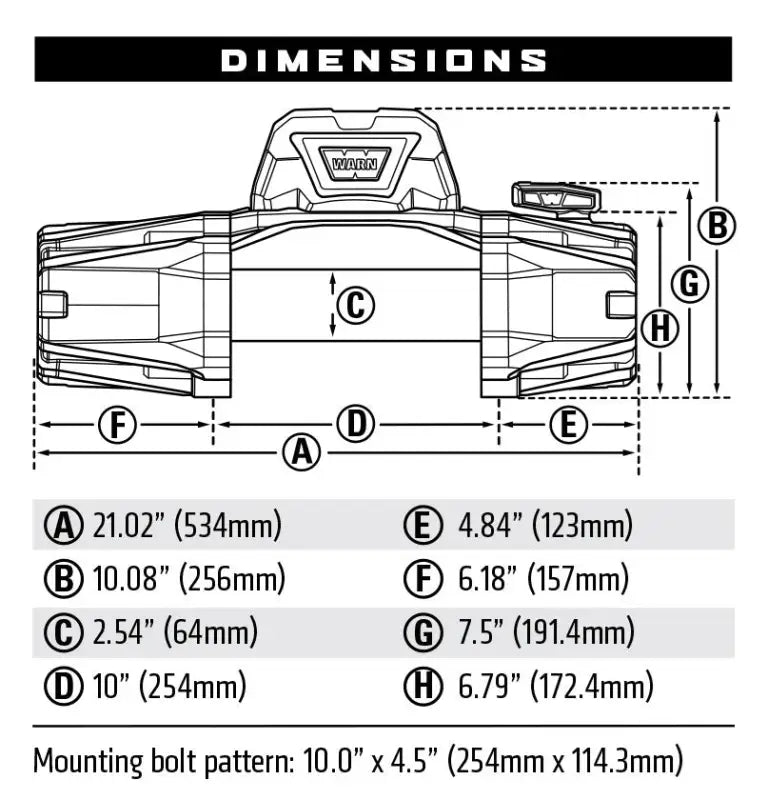 WARN VR EVO 10-S winch dimensions chart with detailed measurements for mounting and installation. Includes bolt pattern and size specifications.