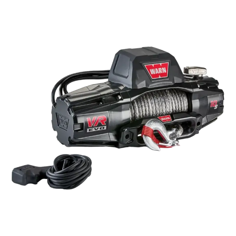 WARN VR EVO 10-S winch showcasing synthetic rope, fast line speed, and corded remote. Ideal for off-road vehicles like pickups and SUVs.