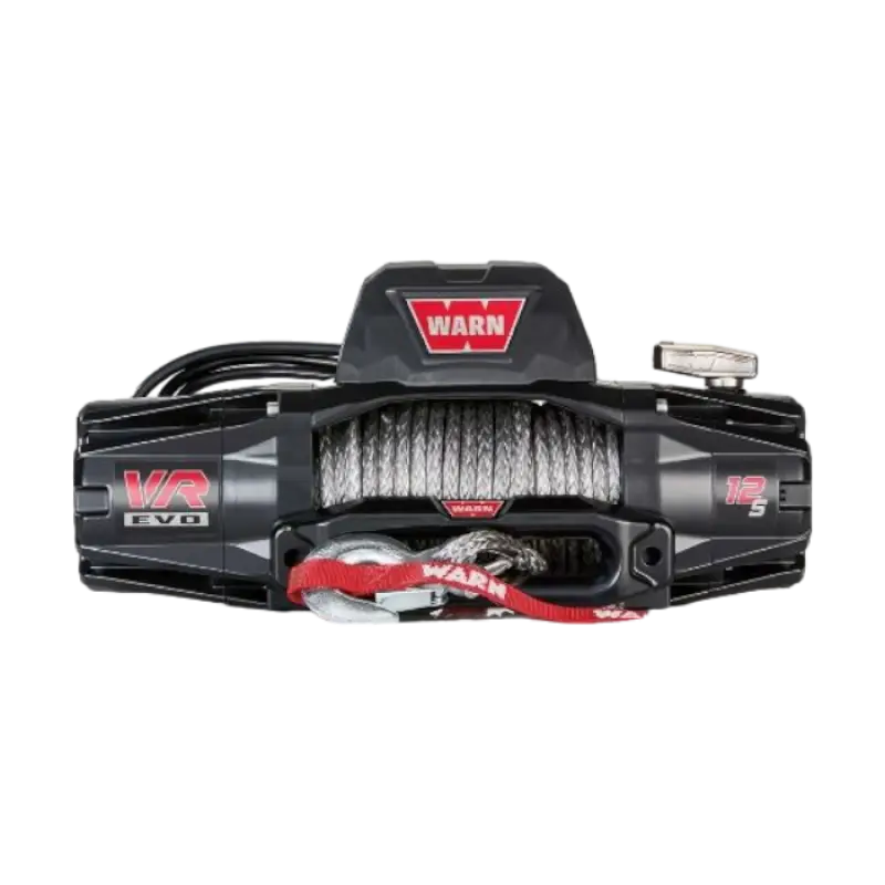 WARN VR EVO 12-S winch with synthetic rope, 12,000 lbs capacity, IP68 waterproof design, and durable construction for off-road recovery.