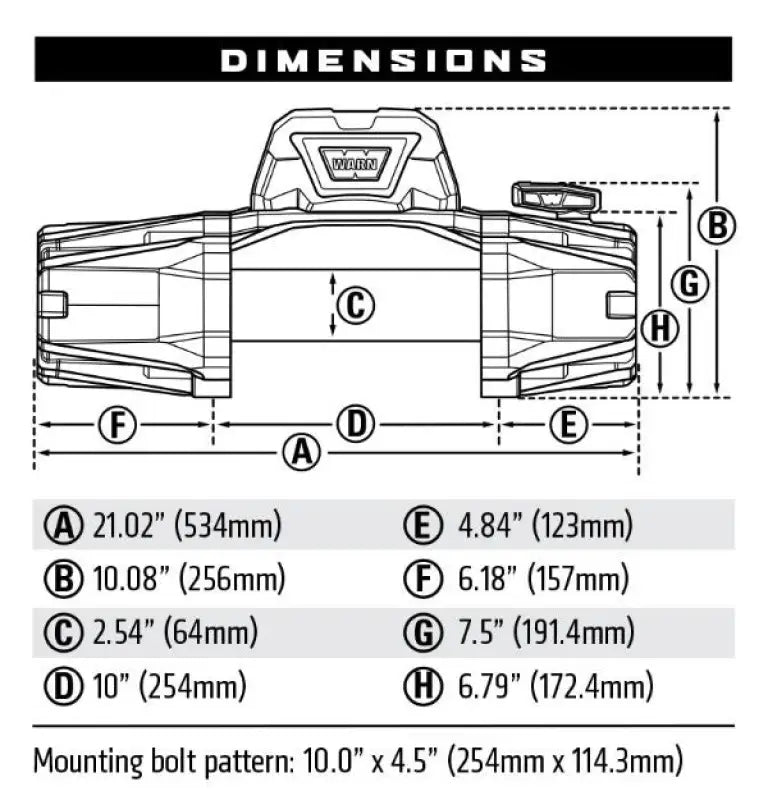 WARN VR EVO 12-S winch dimensions chart showing measurements and mounting bolt pattern for precise installation and compatibility.