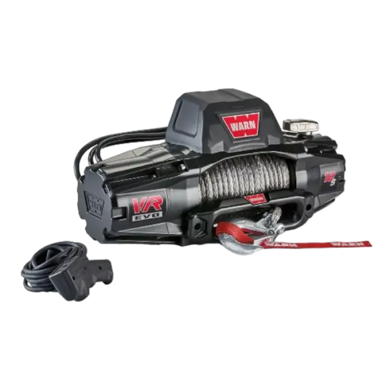 WARN VR EVO 12-S winch featuring synthetic rope, Albright contactor, corded remote, and compact design for efficient vehicle recovery.