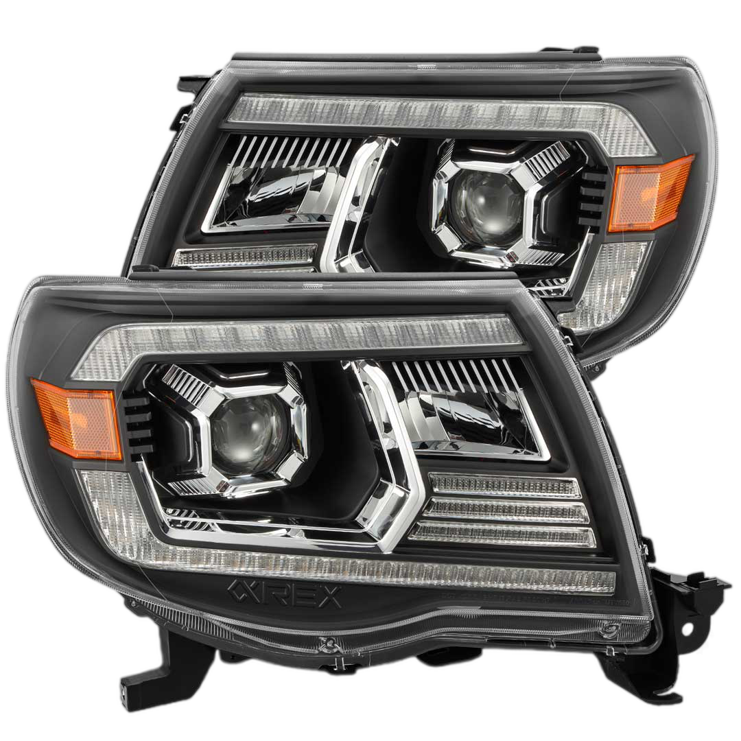 Toyota Tacoma LUXX-Series projector headlights 2005-2011 in matte black housing with amber accents, designed for improved lighting performance.