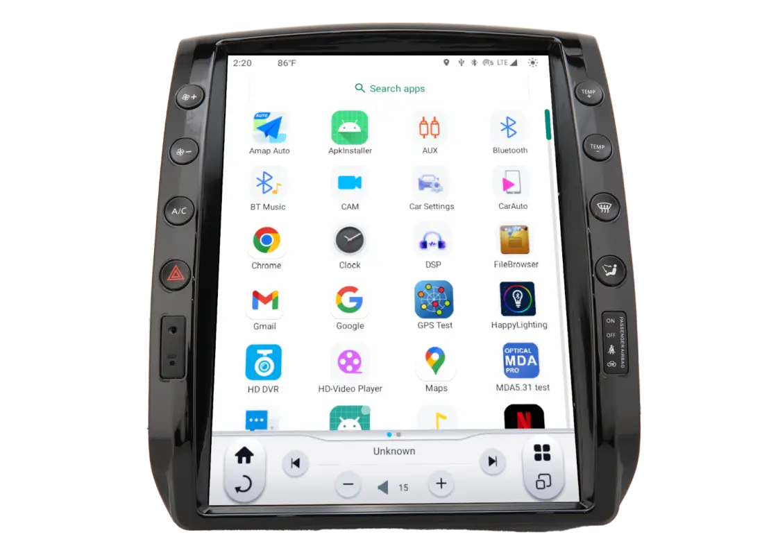 Tacoma 12.1-inch Android T-Style Radio Gen 6 showing app menu with icons like Google Maps, YouTube, and Bluetooth for 2005-2015 Toyota Tacoma.