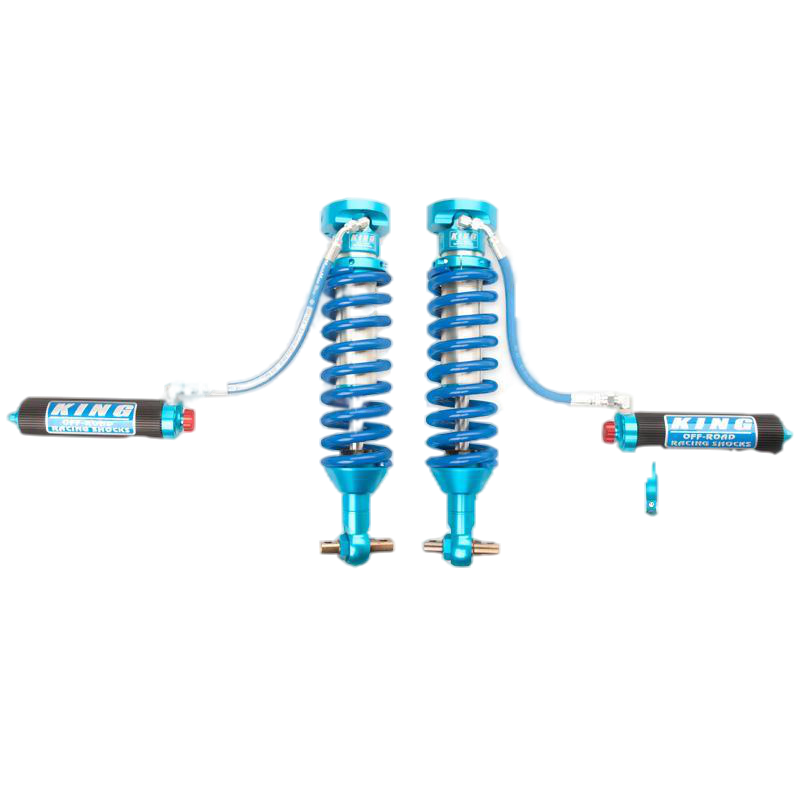 19-23 Ford Ranger coilover kit with blue anodized aluminum shocks and remote reservoirs, offering 40% more wheel travel.