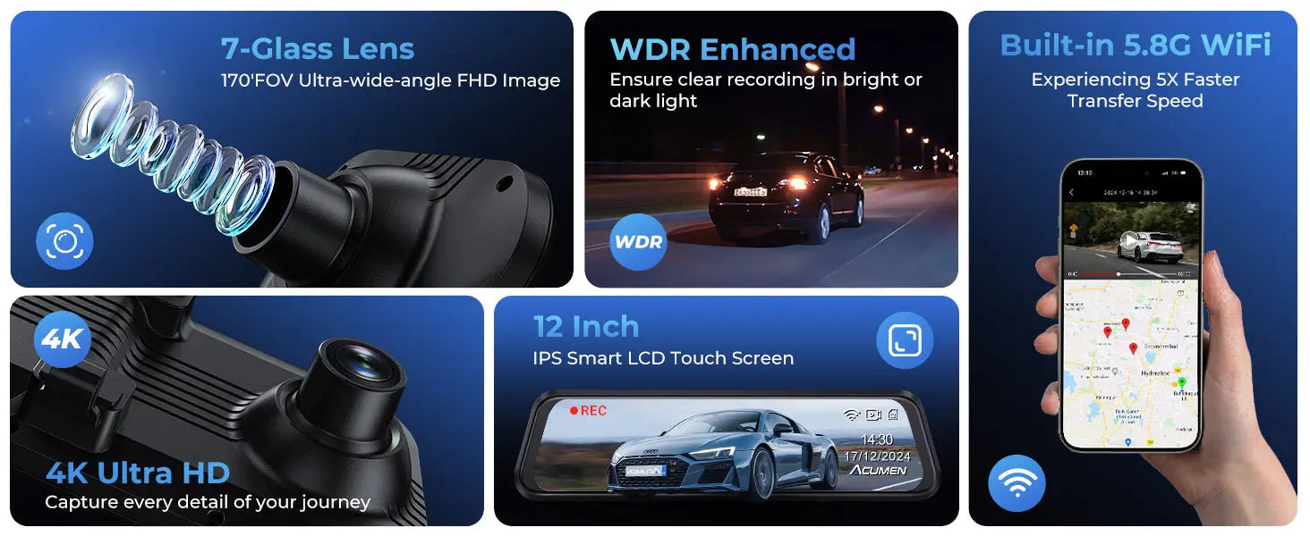 M4 2ch Mirror Dash Cam with 4K Front and 2.5K Rear Cameras 12’’IPS Touchscreen