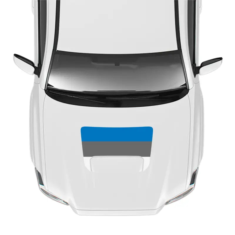 White car with Estonian flag hood stamp on 2016-23 Tacoma Sport/Pro Hood Stamp