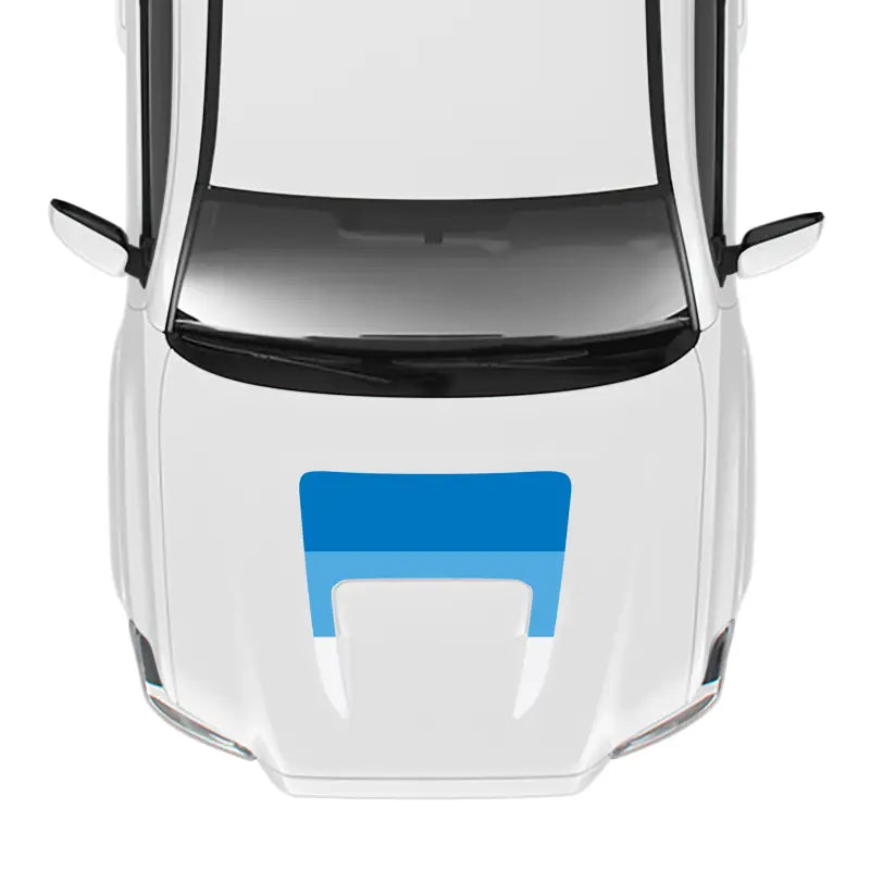 White car hood with blue design showcasing the 2016-23 Tacoma Sport Pro Sport Hood Stamp