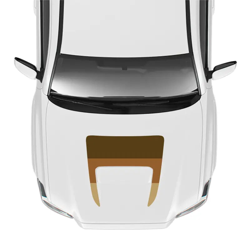 White car hood with brown and tan graphic showcasing a pro sport hood stamp for Tacoma