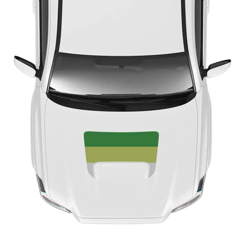 White car with green stripes showcasing the 2016-23 Tacoma Pro Sport Hood Stamp