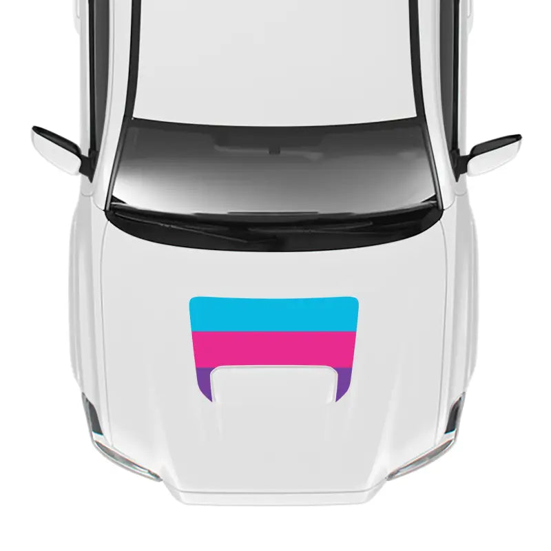 White car with striped decal showcasing the 2016-23 Tacoma Pro Sport Hood Stamp