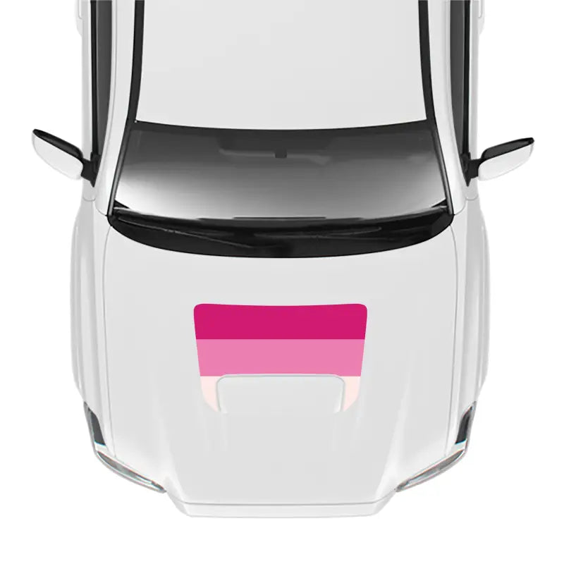 White car with pink stripes showcasing a Pro Sport Hood Stamp on the 2016-23 Tacoma Sport Hood