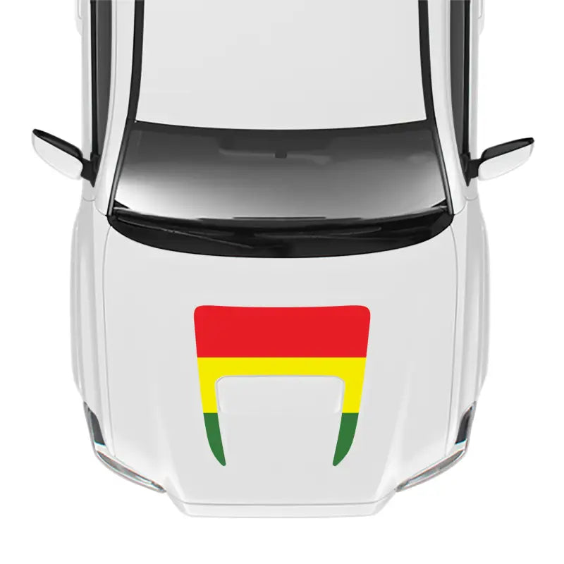 White car with Bolivian flag decal showcasing 2016-23 Tacoma Sport Pro Sport Hood Stamp