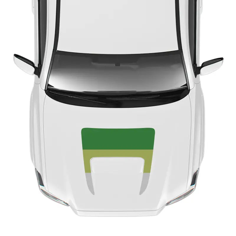 White car with green and tan hood design featuring a pro sport hood stamp image