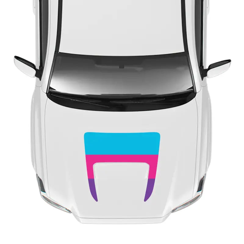 White car with colorful hood design showcasing the 2016-23 Tacoma Pro Sport Hood Stamp