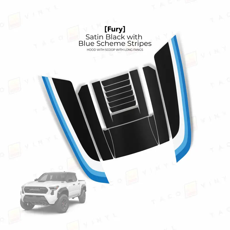 Satin black hood stripe kit with blue accents on 2024 Tacoma Fury Hood Stamp with Long Fangs