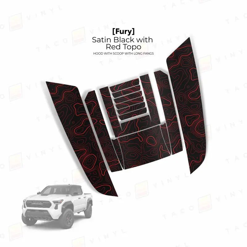 Satin Black Car Hood Decal with Red Topo Design for 2024 Tacoma Fury Hood Stamp and Hood Scoop