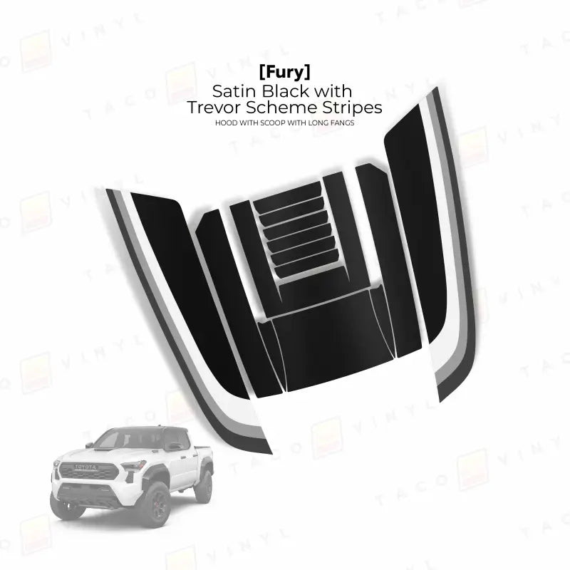 Satin black hood stripes on 2024 Tacoma Fury Hood with Hood Stamp and Hood Scoop