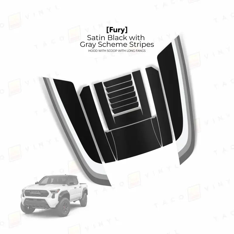 Satin black and gray hood stripe kit for 2024+ Tacoma Fury Hood Stamp with Long Fangs