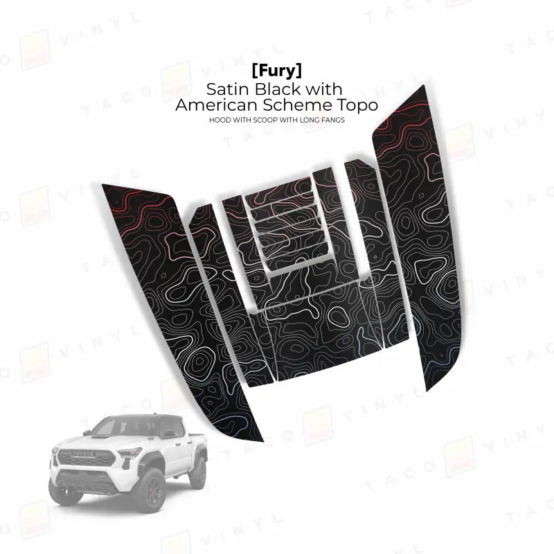 Satin black hood stamp with topographic fury hood decal featuring long fangs for 2024 Tacoma