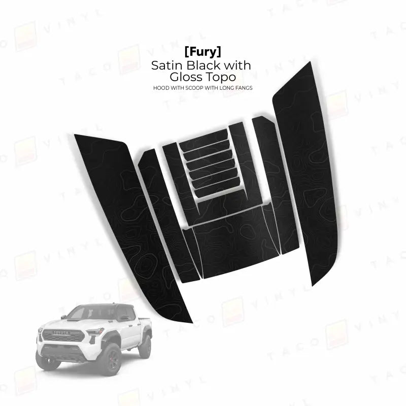 Satin black hood scoop decal kit for Tacoma Fury Hood with hood stamp detail