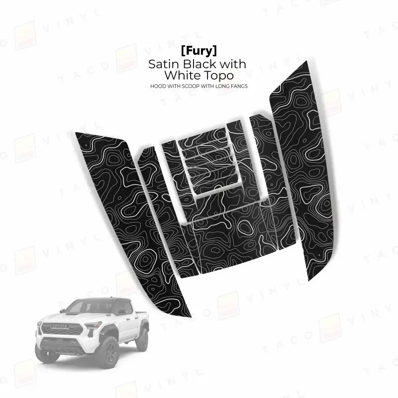 Satin black fury hood with white topographic pattern for Tacoma 2024+ hood scoop stamp