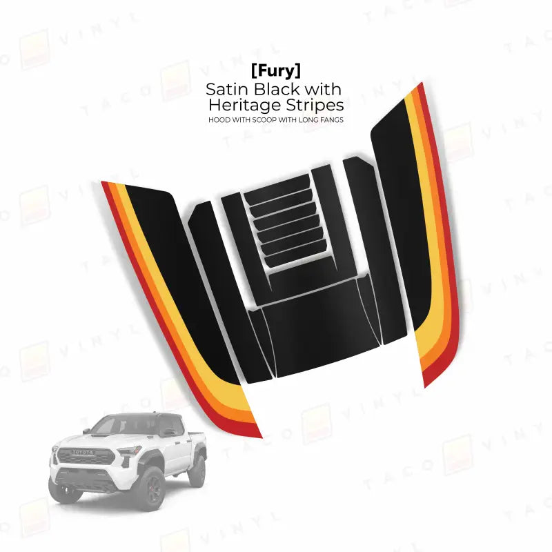 Satin black hood decal with heritage stripes for 2024+ Tacoma Fury Hood Stamp with Long Fangs