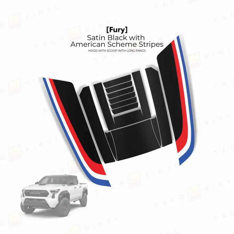 Satin black fury hood decal with American stripes for 2024+ Tacoma Hood Stamp and Hood Scoop
