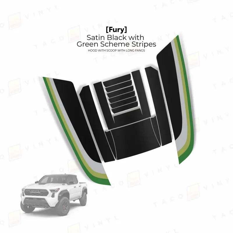 Satin black hood decal with green stripes for Tacoma Fury Hood with Long Fangs stamp