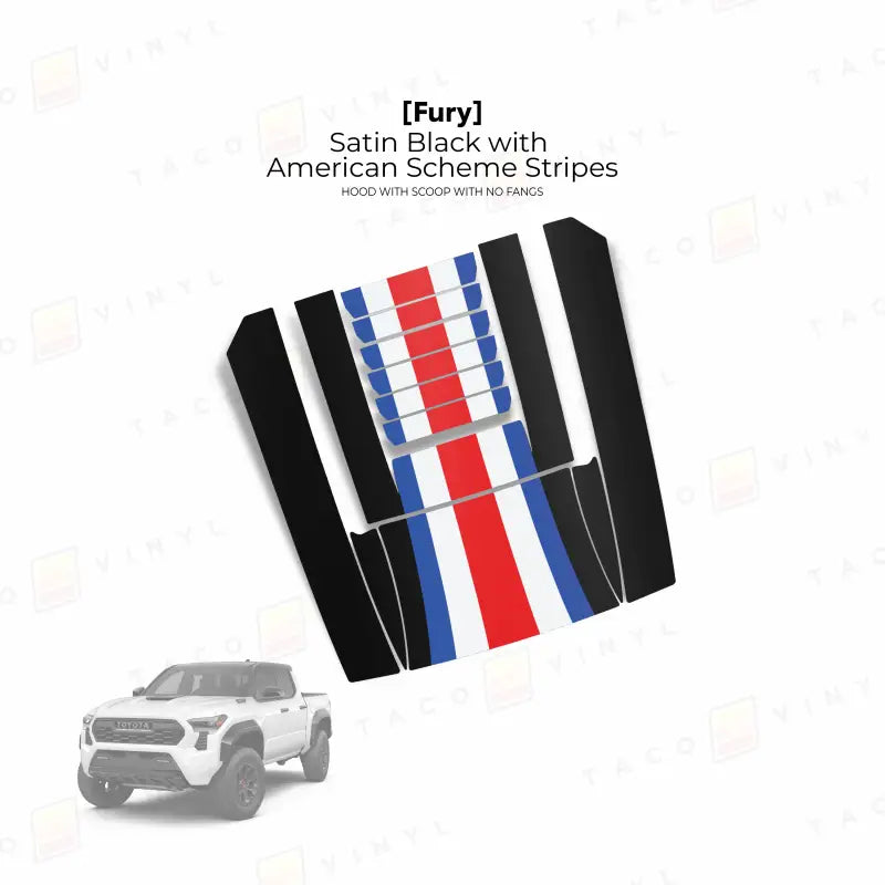 2024 + Tacoma Fury Hood Scoop Stamp (W/ No Fangs) - Satin Black with American Scheme Stripes - Hood Stamp