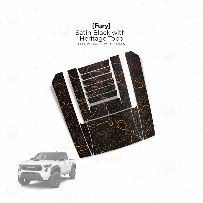 2024 + Tacoma Fury Hood Scoop Stamp (W/ No Fangs) - Satin Black with Heritage Topo - Hood Stamp